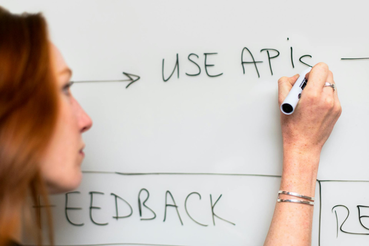 Eine Frau beschreibt die Nutzung von APIs in einem Flussdiagram auf einem Whiteboard